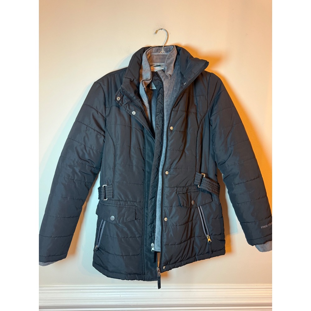 Free Country Puffer Jacket Women Medium Black Quilted Faux Fur Lined Coat